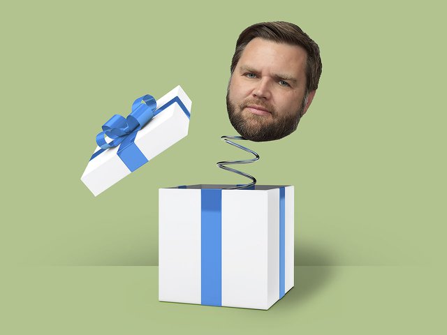 JD Vance popping out of a gift like a jack-in-the-box.