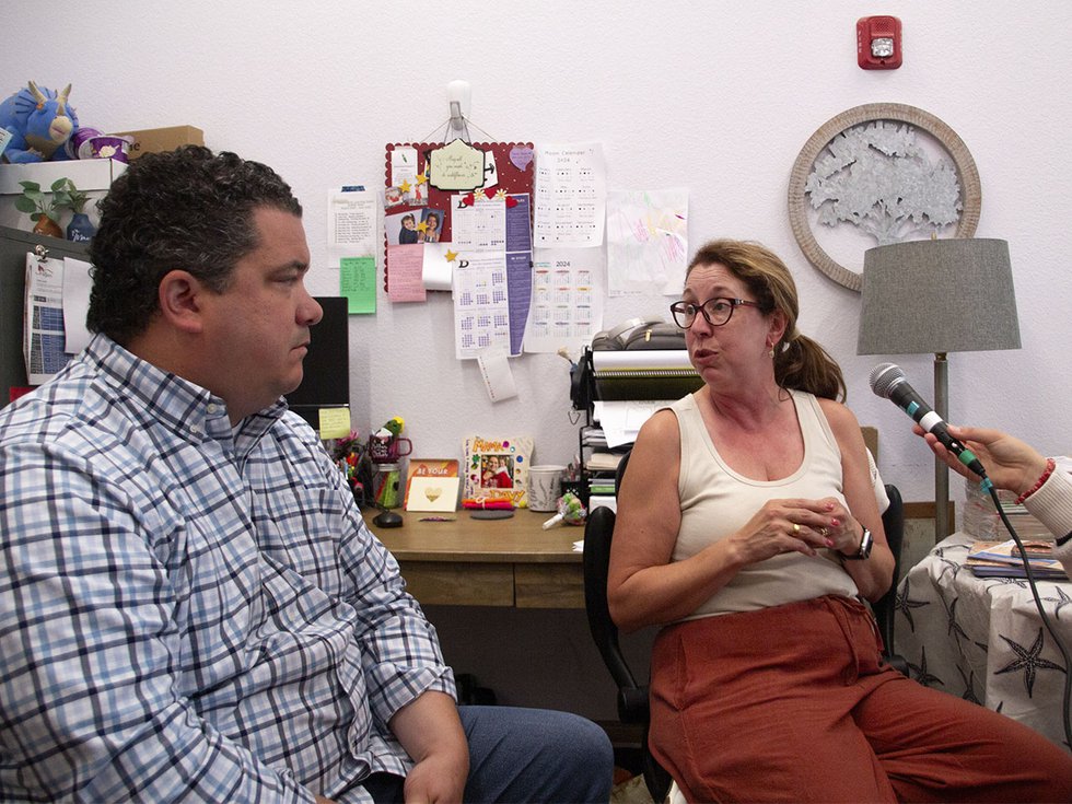 Shawn Phetteplace, left, and Macy Buhler, right, during an interview in the Yahara River Learning Center in DeForest, Wis. on Sept. 6, 2024.