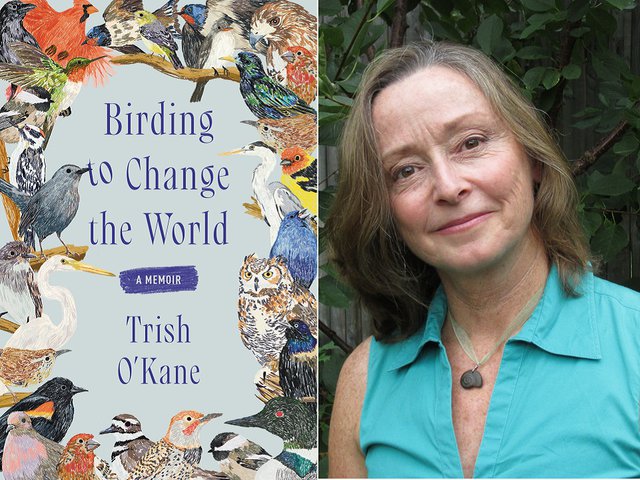 Book cover with colorful drawings of birds, left; author photo of Trish O'Kane with green leaves in the background.