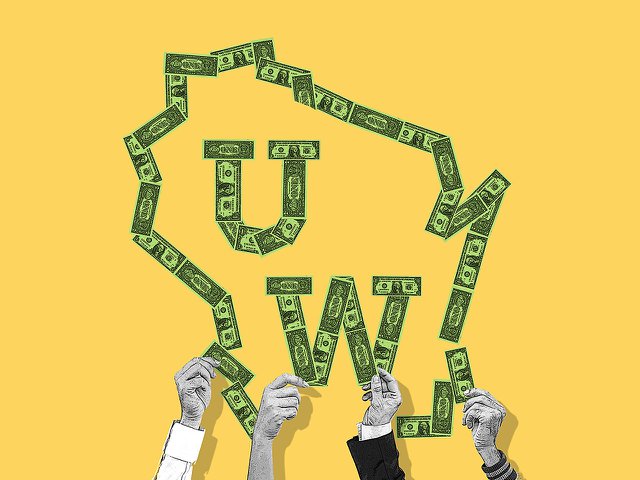 The logo for the Universities of Wisconsin made of money being taken by many hands.
