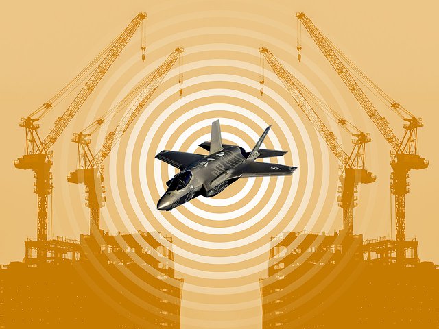 An illustration of an F-35 with a soundwave behind it, near some construction.