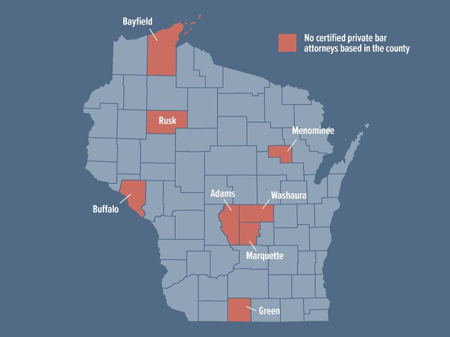 A map of Wisconsin counties with no certified private bar attorneys based in the county.
