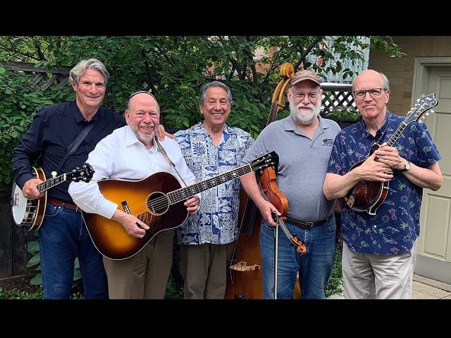 A five-piece string band with instruments.