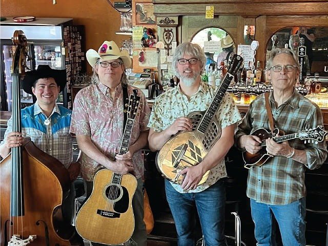 A band in front of a bar.