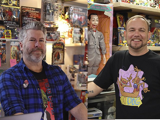 Dave Farrar and Sig Gust each in their vintage toy stores.