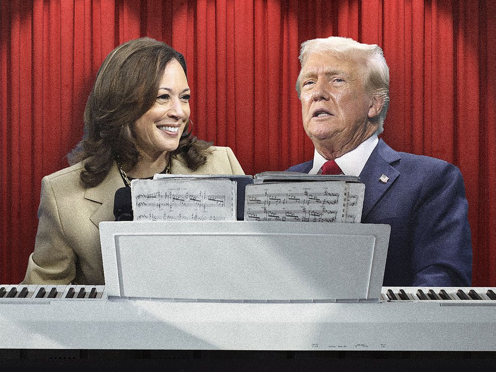 Kamala Harris and Donald Trump sitting at a piano.