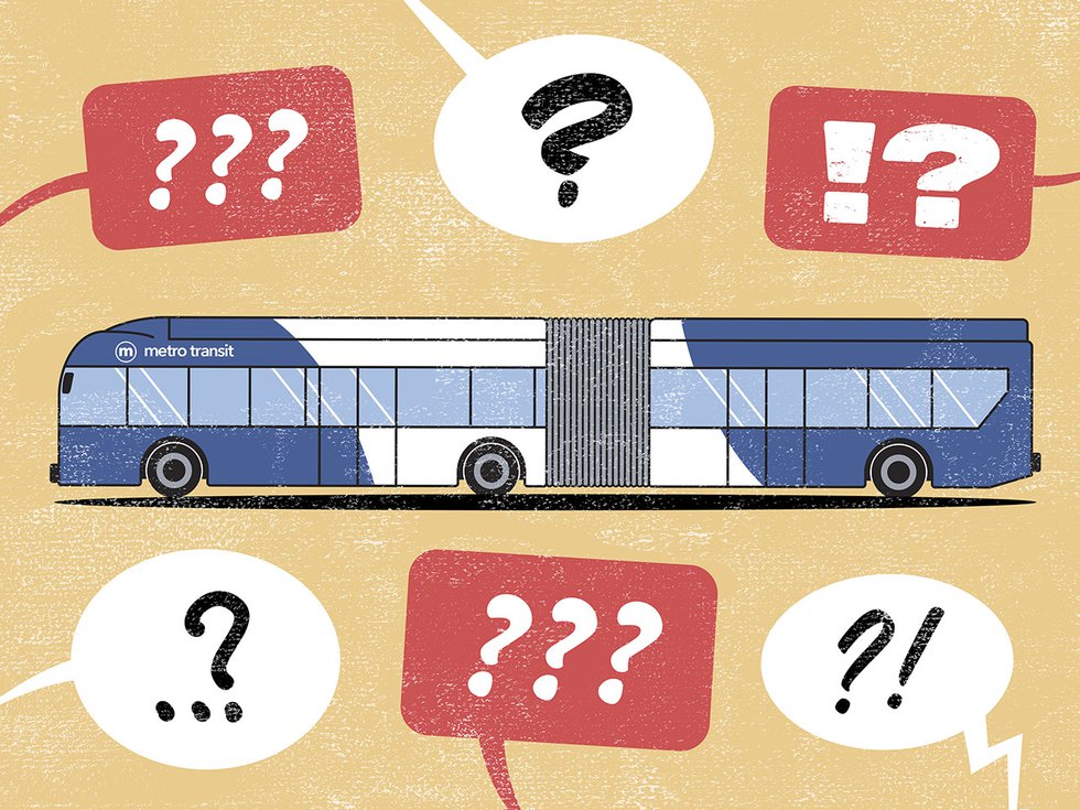 A Madison Metro rapid transit bus surrounded by speech bubbles with question marks in them.