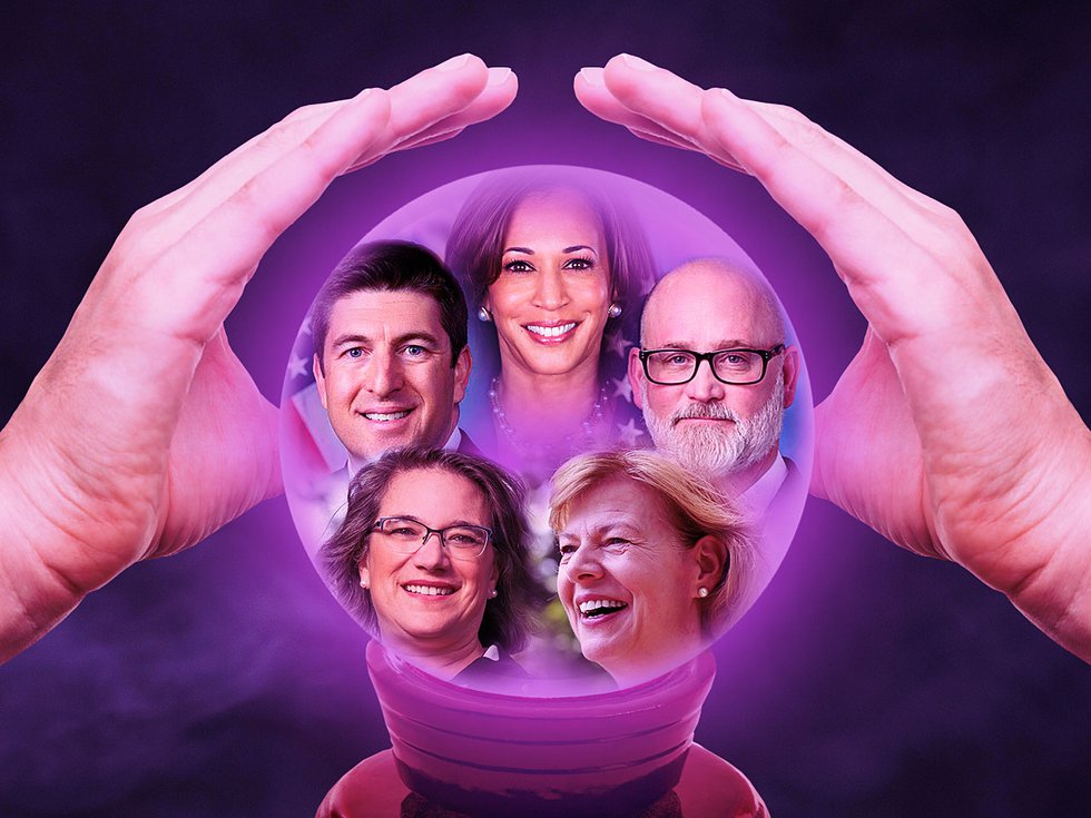 Clockwise from top: Kamala Harris, Derrick Van Orden, Tammy Baldwin, Melissa Agard and Bryan Steil in a crystal ball.