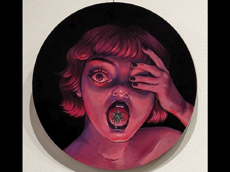 A painting of a person with a strawberry in their mouth.