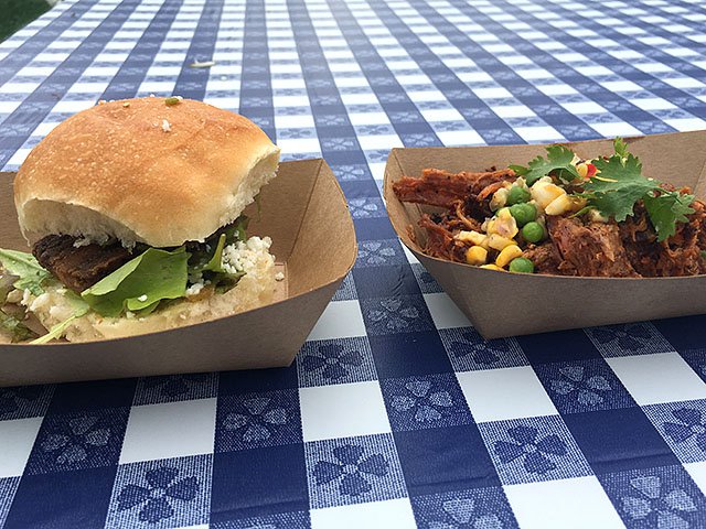 A Pig in a Fur Coat's pig's head torta (left) joined by Sal's pulled pork with piri piri sauce, potatoes, peas and corn kernels.