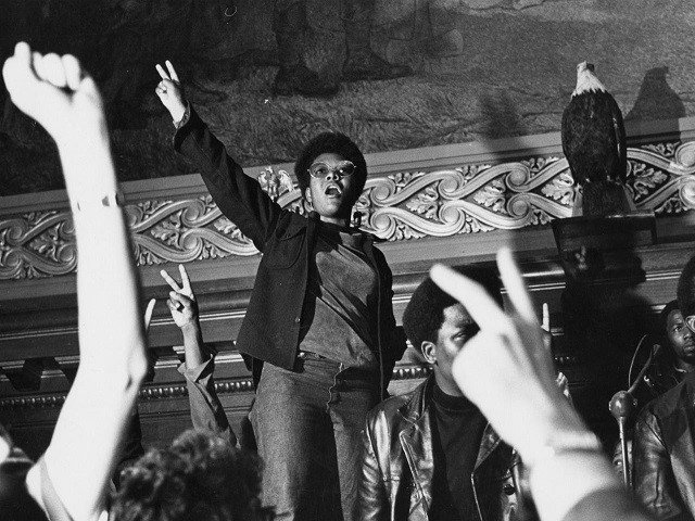A student leads a Black Power rally at the Wisconsin state Capitol, circa 1969.