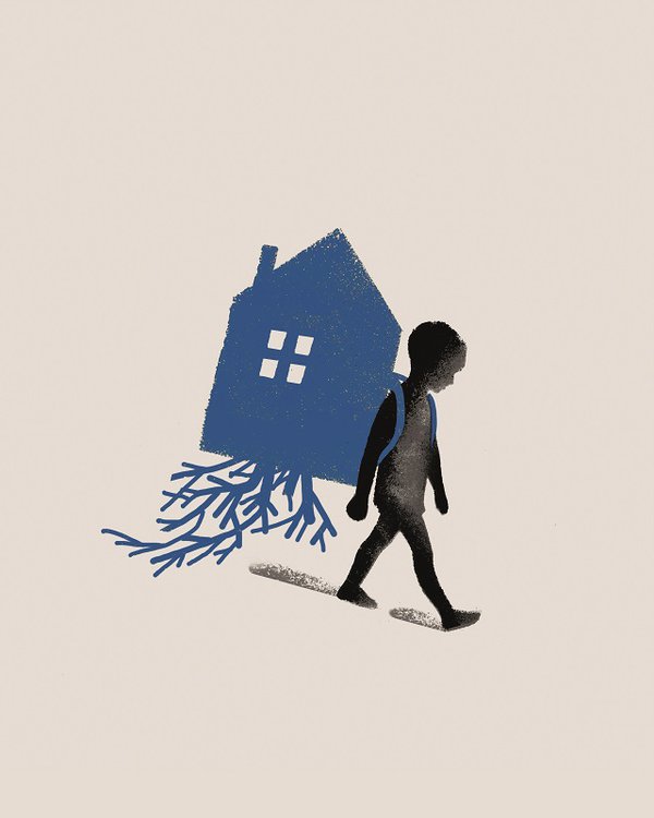 An artwork imagines a house carried as a backpack.