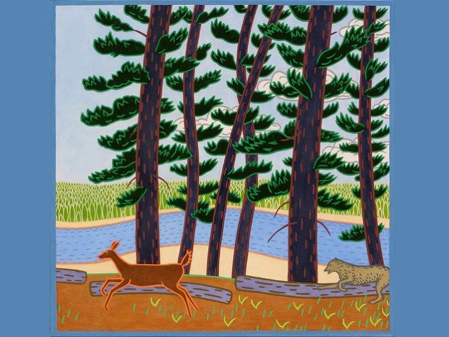 A painting of a wolf chasing a deer by a river.