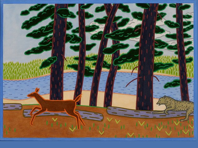Oil painting of a deer running through pine trees chased by a wolf.