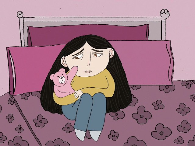 An animation still of a girl ona bed hugging a teddy bear.