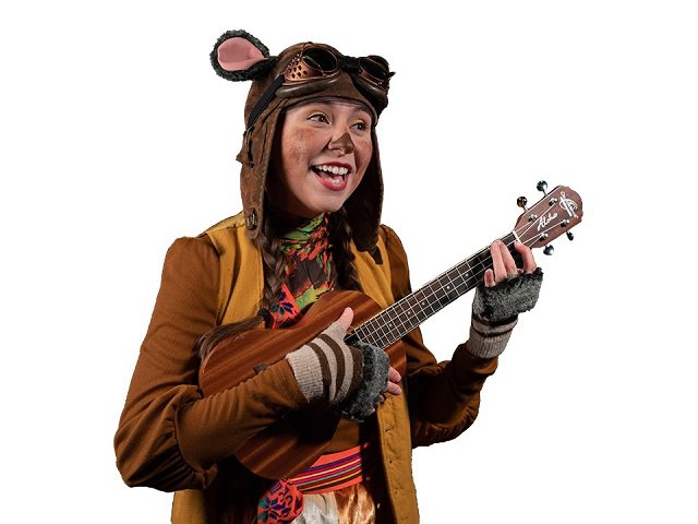 A costumed character with a ukulele.