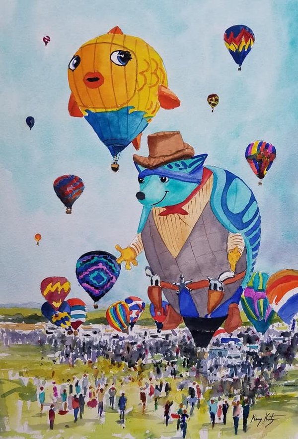 A painting of whimsical hot air balloons.