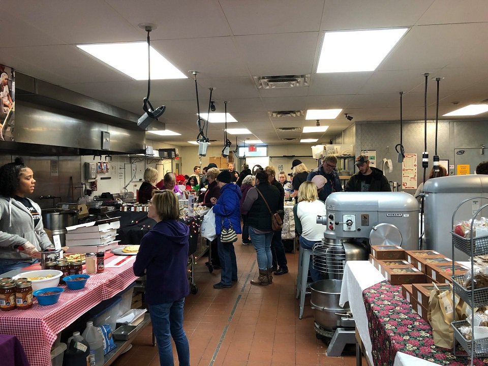 Displays of food items in a commercial kitchen.