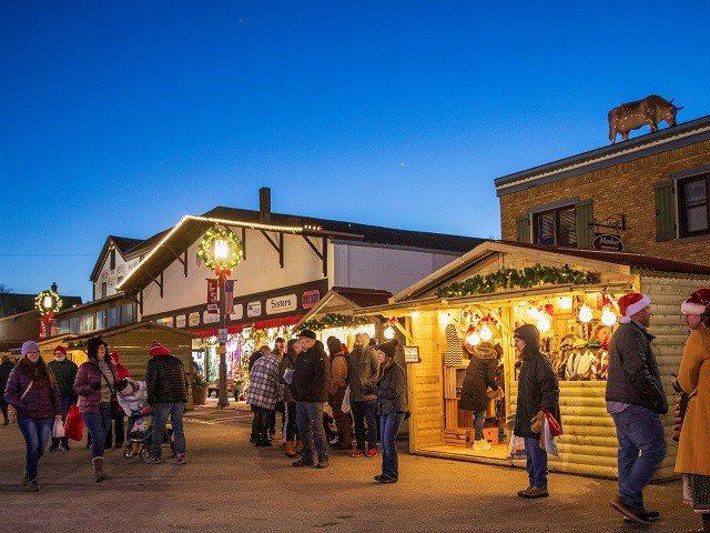 An evening street scene in New Glarus.