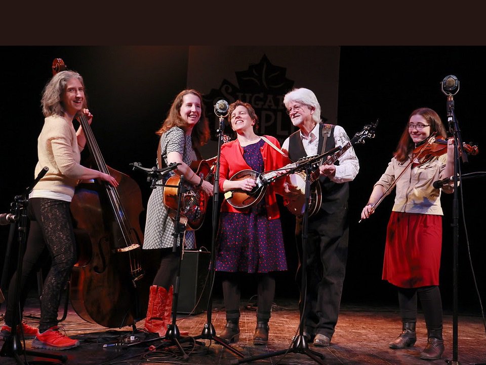 A five-piece string band on stage.