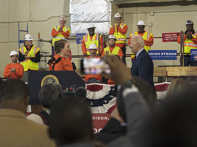 Sarah Varga introduces Joe Biden at the LiUNA Training Center in DeForest on February 8, 2023.