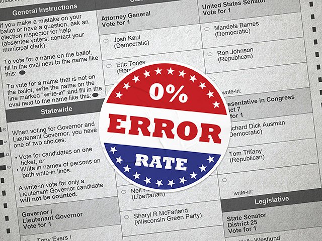 A November 2022 Wisconsin ballot with a "0% error rate" sticker.
