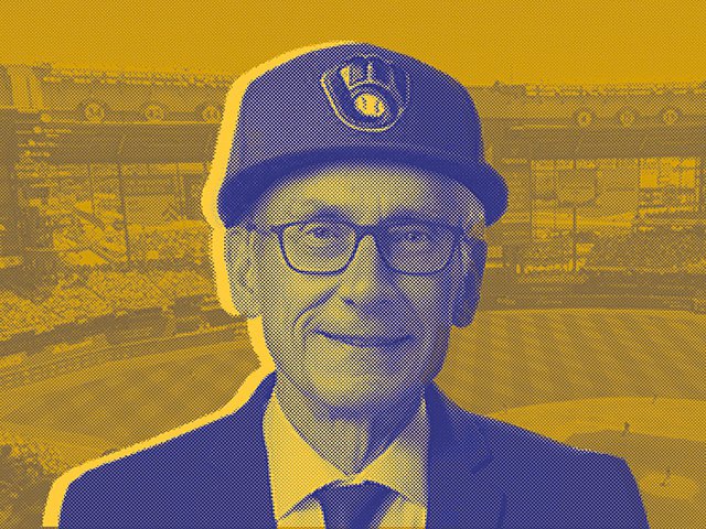 A photo illustration of Tony Evers wearing a Brewers cap in front of American Family Field.