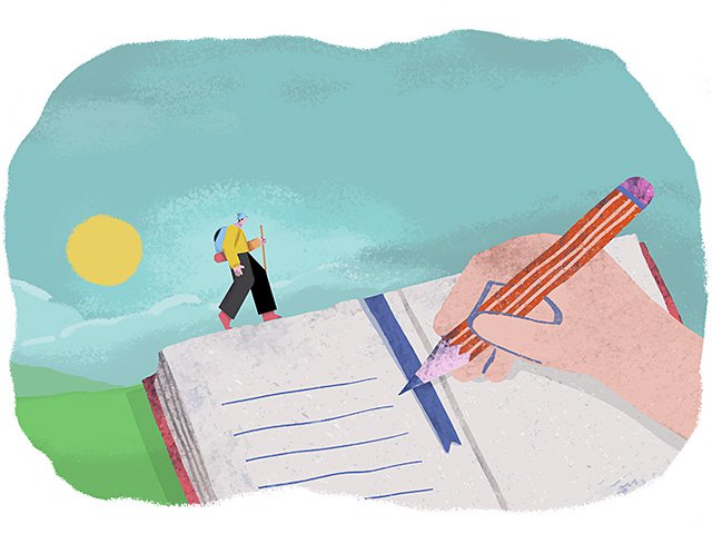 Illustration of someone hiking on a page of a journal on which a hand is also writing.