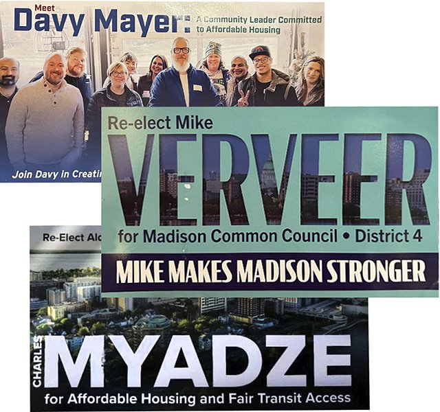 Mailers sent by the RASCW Housing Advocacy Fund for Davy Mayer, Mike Verveer and Charles Myadze.