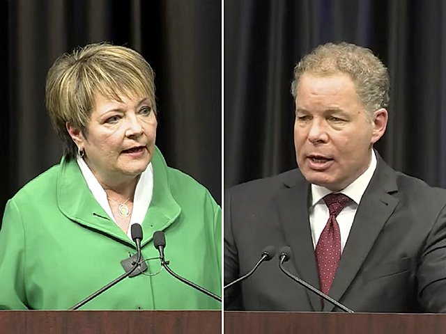Wisconsin Supreme Court candidates Janet Protasiewicz and Daniel Kelly debate on March 21, 2023.