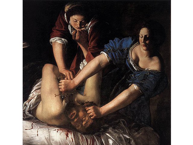 A painting from the artist Artemisia Gentileschi, with light on the figures in the foreground and an inky black background.