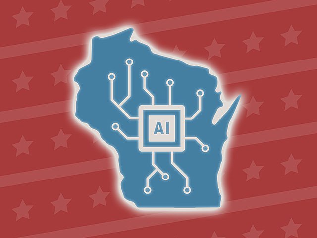 An AI computer chip running through the state of Wisconsin with stars and stripes in the background.