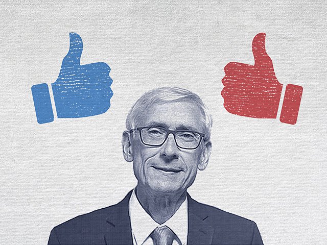 Tony Evers next to red and blue "thumbs up" emojis.