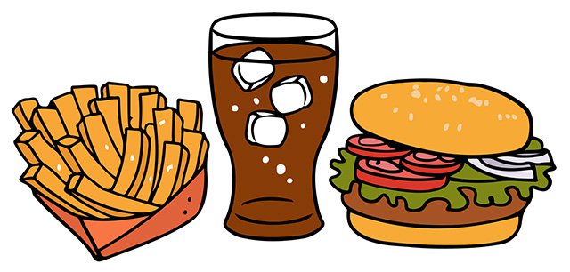 Drawing of fries, root beer and a burger.