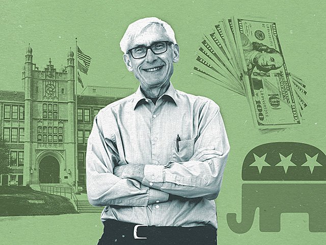 Tony Evers next to a high school, money, and the Republican elephant logo.go.