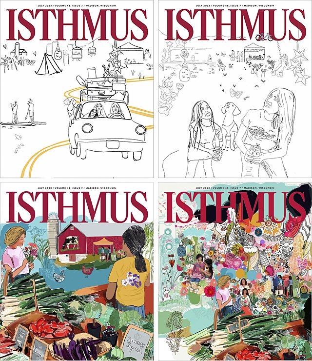 Some rough drafts and unused alternate versions of Poornima Moorthy's July 2023 Isthmus cover.