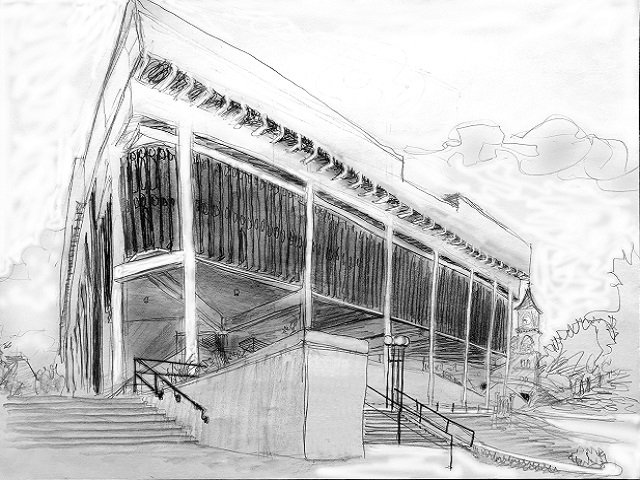 A black-and-white sketch of the UW-Madison's Mosse Humanities Building from the street.