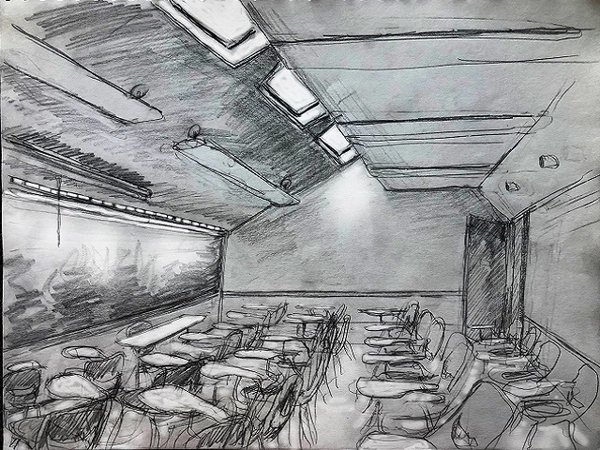 Black and white sketch of a small room inside the UW-Madison's Mosse Humanities building often used for sections.