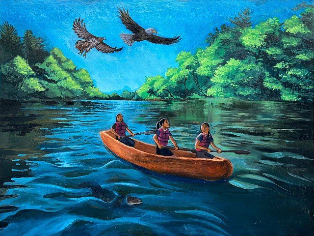 An art work depicting canoers and eagles.