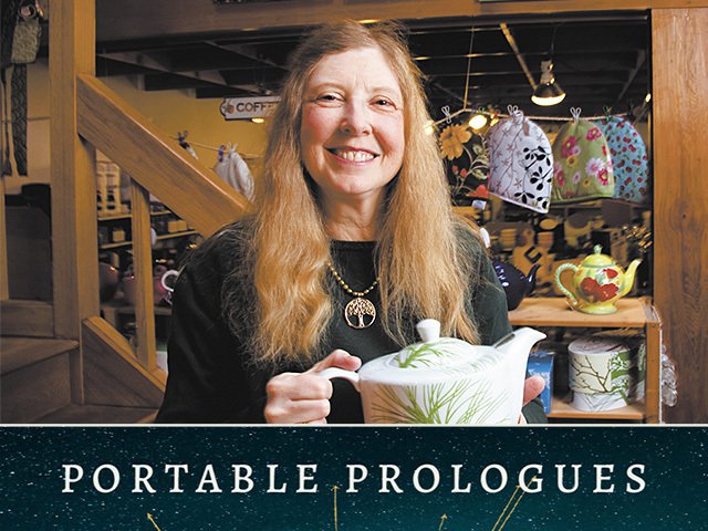 Orange Schroeder holding a teapot; plus, logo for the podcast 'Portable Prologues.'