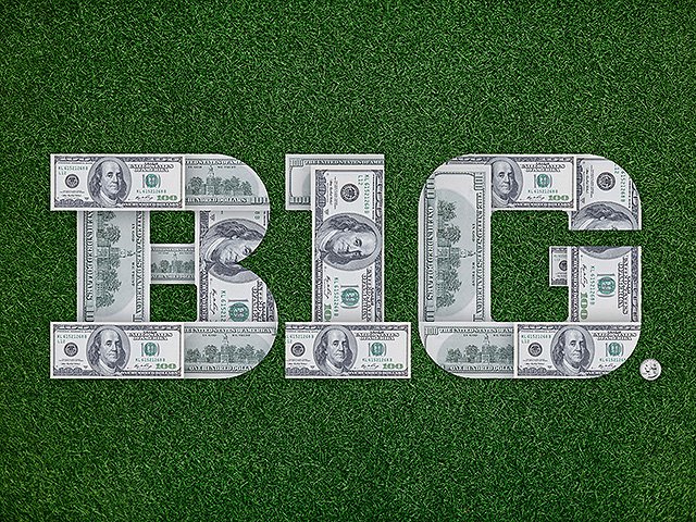 The Big Ten logo, constructed out of 100 dollar bills, on top of football turf.