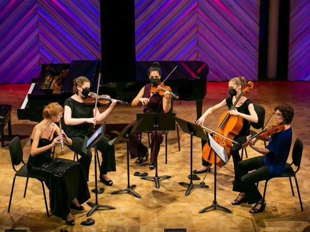 Five people sit in a semi-circle with stringed instruments.