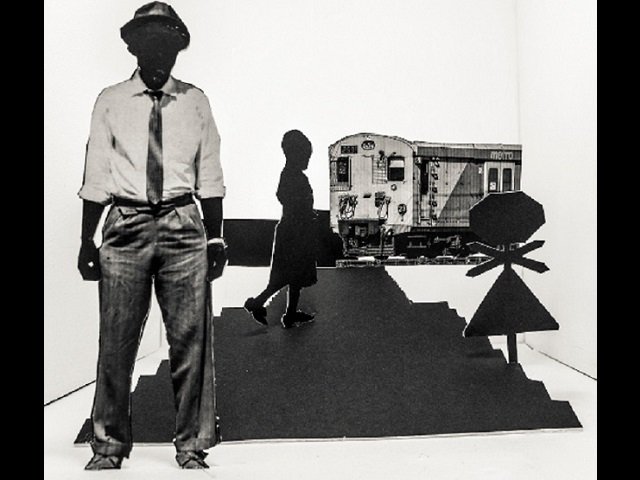 A black and white art work depicting people and a train car.