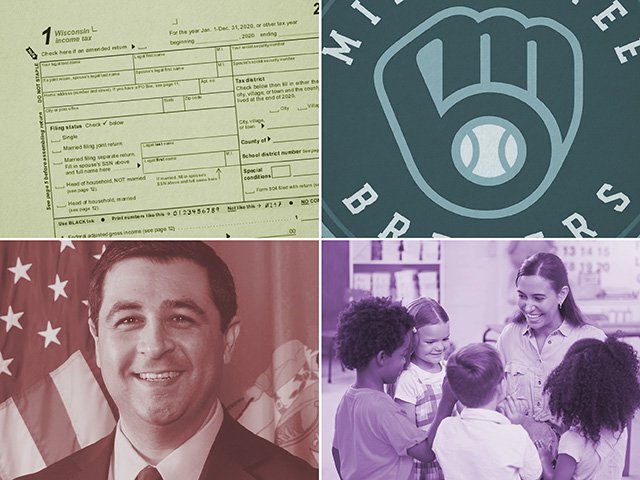 Clockwise from top left: Wisconsin tax forms, Brewers logo, child care stock photo, and Josh Kaul.