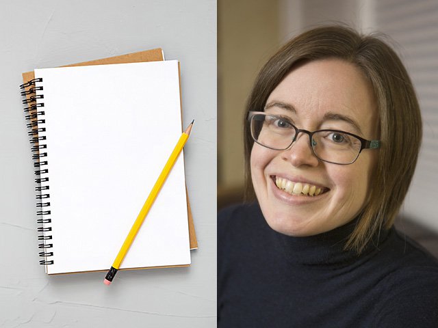 A photo montage with a blank notebook and a pencil, and Julia Richards smiling.