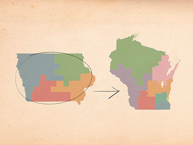 Maps of Iowa and Wisconsin's congressional districts.
