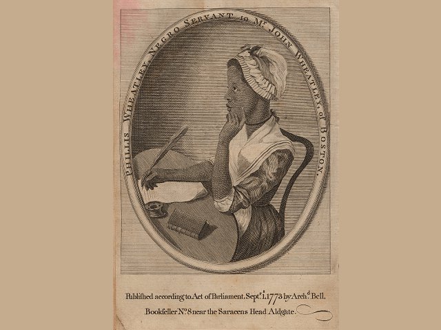 A colonial-era engraving of Phillis Wheatley writing.