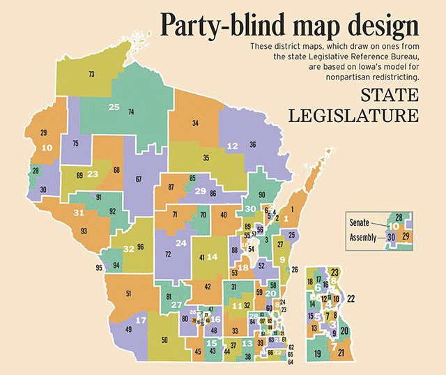 Party-blind maps of state legislative districts based on Iowa model - drawn in 2014