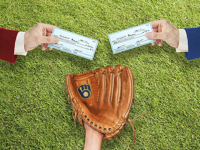 Red and blue arms hold out checks for a Brewers baseball glove.