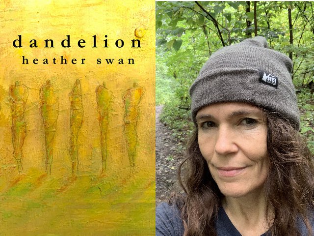 Photo collage: On the left is the book cover of Dandelion is yellow with a natural print and on the right is a photo of Heather Swan in the woods.